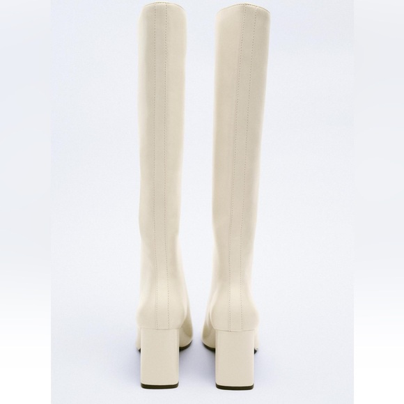 Zara ivory off white cream round toe knee high heeled chunky block heel boots - Picture 4 of 5